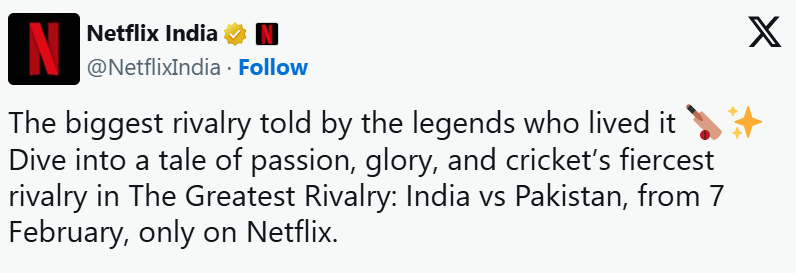 Netflix Update on The Greatest Rivalry "India vs Pakistan" द ग्रेटेस्ट राइवलरी "इंडिया बनाम पाकिस्तान"